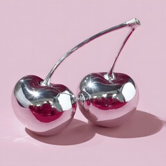 Chrome cherries sculpture on pastel pink background, glossy metallic still life with surreal pop art
