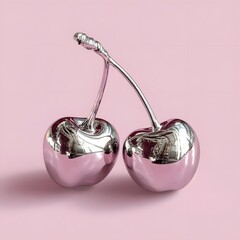 Chrome cherries sculpture on pastel pink background, glossy metallic still life with surreal pop art