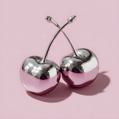 Chrome cherries sculpture on pastel pink background, glossy metallic still life with surreal pop art