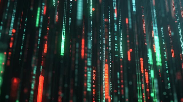 Stock trading connectivity science chart Digital numbers cascading red and green glowing vertical lines with dynamic technology background