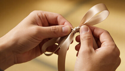Hands Tying Satin Ribbon Bow