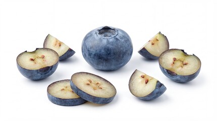 Fresh blueberries arranged with one whole and multiple precise cuts revealing their delicate interior