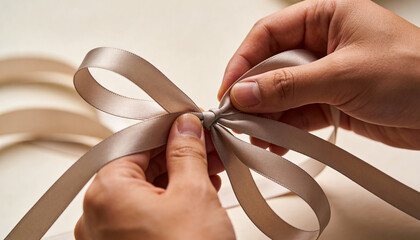 Hands Tying Satin Ribbon Bow