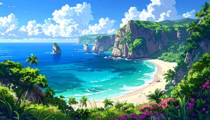 Vibrant seascape. Cliffs border a clear turquoise bay with sandy beach, flowers and lush vegetation