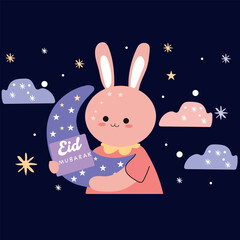 Cute Eid Mubarak bunny with crescent moon 