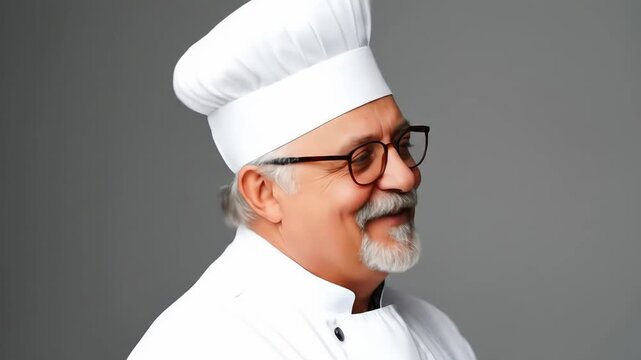 Senior chef with white uniform and toque looking at camera and smiling on gray background