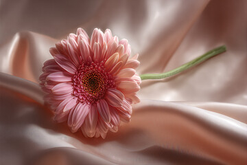 Soft Pink Gerbera Daisy on Satin Fabric &mdash; Romantic Floral Close-Up with Gentle Lighting, Elegant Texture and Delicate Petals for Greeting Cards and Decor
