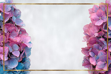 Elegant pink and blue hydrangea floral frame with gold border on textured white paper background &mdash; perfect for invitations, wedding stationery and cards