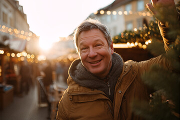Smiling middle-aged man enjoying a festive Christmas market at golden hour, wearing a warm coat and scarf among twinkling lights and cozy holiday stalls