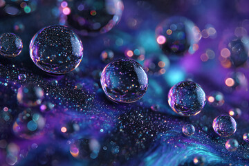 Ethereal cosmic droplets - macro abstract of shimmering glass spheres and liquid bubbles in neon purple and teal with galaxy-like sparkling bokeh texture