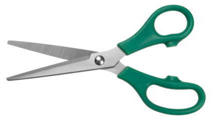 Green handle scissors open sharp blades isolated PNG transparent.
