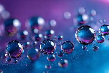 Vibrant macro photograph of iridescent water droplets on a textured surface with purple and blue reflections, abstract glossy spheres