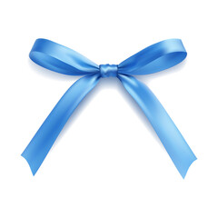 Blue satin ribbon bow with long tails isolated on white background realistic gift decoration element