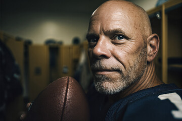 Gritty close-up portrait of a veteran football player in a locker room clutching the ball, showing determination and experience