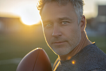 Mature man holding an American football on a sunlit field, portrait of a confident athlete training at golden hour with determination in his eyes