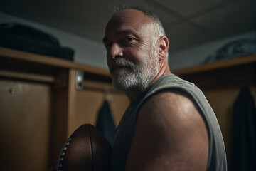 Mature bearded football player in locker room holding ball &mdash; portrait of a confident veteran athlete preparing for the game