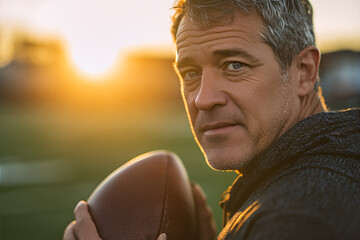 Mature man holding an American football on a sunlit field at sunset &mdash; contemplative athlete portrait conveying focus, experience, and determination