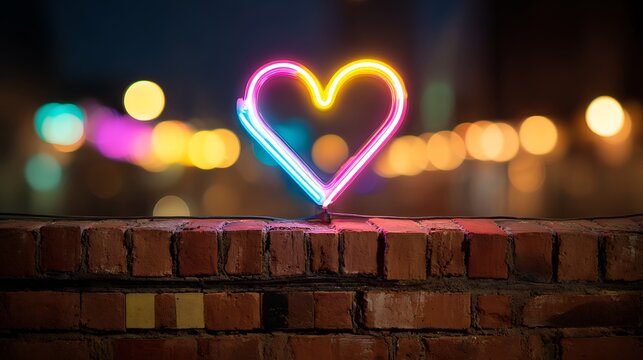 Illuminated neon heart, resting atop a brick wall, against a blurred city backdrop at night