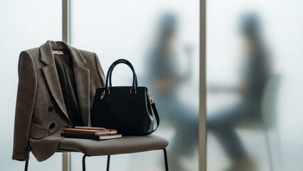 Black handbag and jacket on chair in modern office setting