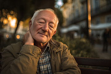 Elderly man resting peacefully on a park bench at golden hour, eyes closed and smiling softly in a warm urban sunset scene