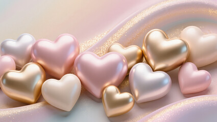 Obraz premium Luxury 3D hearts in blush, cream, and soft gold float over a silky pastel background with subtle shimmer. Glossy and pearlescent finishes, elegant Valentine’s premium stock aesthetic.