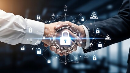 Two people shaking hands with padlock and security handshake security partnership