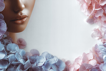 Elegant beauty close-up framed by pastel hydrangea petals &mdash; soft lips, glowing skin and floral border for skincare, beauty, spa and romantic lifestyle