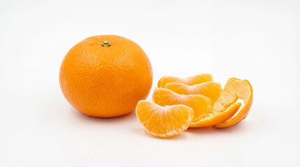 A vibrant whole orange with freshly peeled segments arranged on a clean white surface