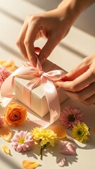 Woman wrapping a gift box with pink ribbon and flowers