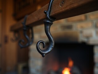 A close-up shot of a wrought-iron pot hook (ухват) hanging from a wooden beam. The hook&rsquo;s blackened metal surface shows signs of wear, with subtle rust marks adding to its rustic charm. Soft backlight