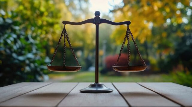 Balance scale in front of green trees