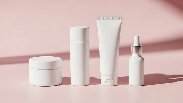White cosmetic bottles and tubes on pink background 1