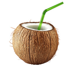Coconut with straw. Tropical, isolated on black background