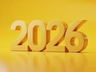 A bright yellow background with large 3D numbers displaying the year 2026