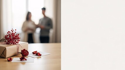 Couple in love with gift box and red roses on table