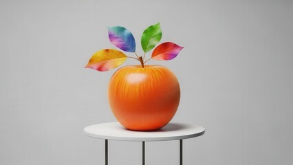 Orange fruit with colorful rainbow leaves on white table