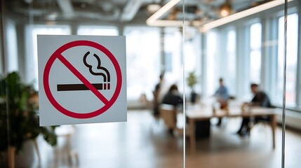 No smoking sign on glass door, blurry figures of people in an office