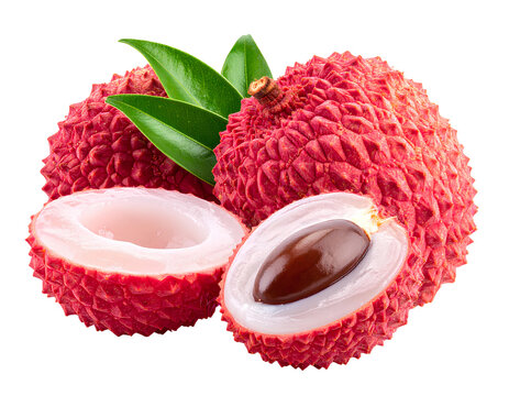 Fresh lychee fruit with leaves isolated on white background