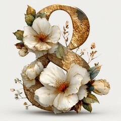 The number 8 consists flowers in watercolor style with space for text on white background	
