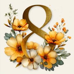 The number 8 consists flowers in watercolor style with space for text on white background	
