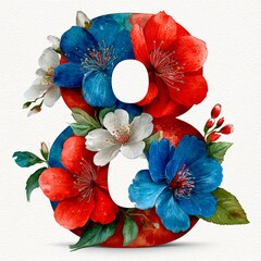 The number 8 consists flowers in watercolor style with space for text on white background	
