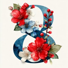 The number 8 consists flowers in watercolor style with space for text on white background	
