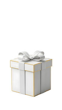 White gift box with gold trim and silver ribbon on white background