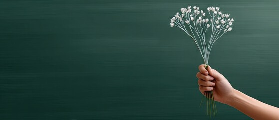 Hand-drawn flowers on green chalkboard with child's hand holding bouquet and chalk text for new valentines day