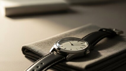 Luxury watch on leather wallet, elegant timepiece with black strap