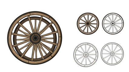 Fototapeta premium Set of wooden wagon wheel illustrations in various styles from realistic detailed drawings to simple black and white icons.