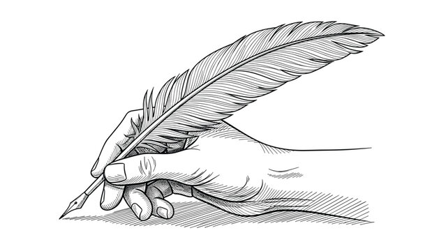 Detailed vintage style ink drawing of a hand holding a large feather quill while writing on a white background.