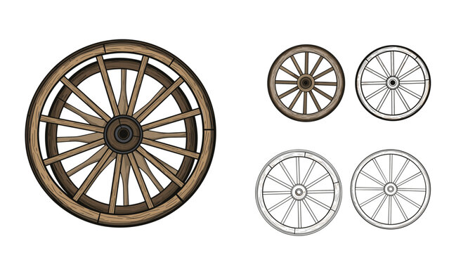 Set of wooden wagon wheel illustrations in various styles from realistic detailed drawings to simple black and white icons.