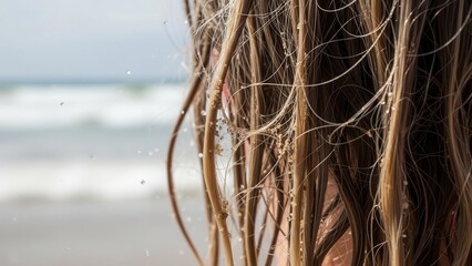 Wet long blonde hair with sand particles after swimming at beach close up