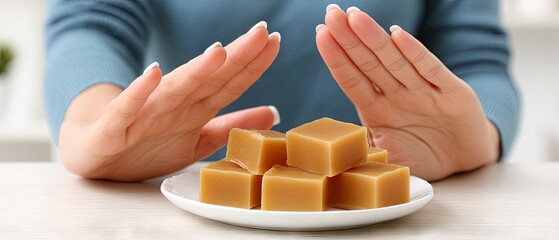 Woman in blue stops with her hand while rejecting white sugar cubes on a plate in a home setting